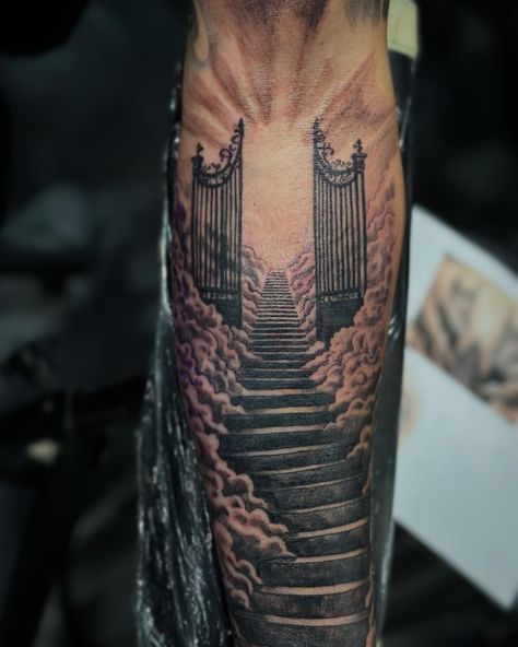 Stairway to Heaven done recently. #tattoo #longisland #newyork #longislandtattooartist #stephenrussotattoo #newyorktattooartist #bodyartist #bodyart #art #artist #michaelangeloink #womenwithtattoos #menwithtattoos #religioustattoo #stairwaytoheaven Led Zeppelin Tattoo Stairway To Heaven, Stair Way To Heaven Tattoo, Stairway Tattoo, Stairs To Heaven Tattoo, Stairway To Heaven Tattoo, Led Zeppelin Tattoo, Heaven Tattoo, Stair Way, Stairs To Heaven