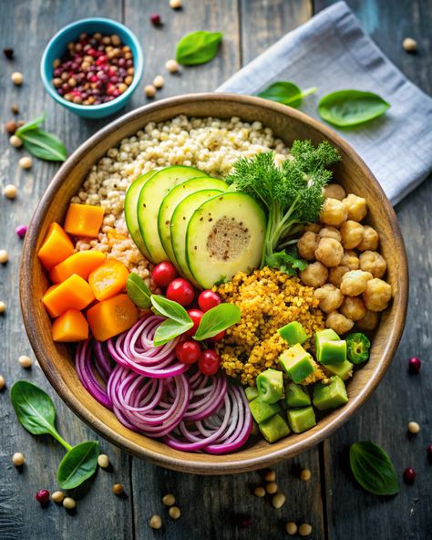 Delicious Vegan Buddha Bowl: Quinoa and Chickpeas Check more at https://www.vegan-mr.com/lunch/delicious-vegan-buddha-bowl-quinoa-and-chickpeas/ Vegan Protein Bowls, Buddha Bowl Ideas, Vegan Buddha Bowl Recipes, Quinoa And Chickpeas, Vegan Bean Burger, Vegan Aesthetic, Nourish Bowls, Buddha Bowls Recipe, Quinoa Recipe