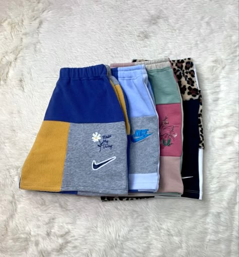 Thrift Flip Shorts, Patchwork Sweatpants Diy, Cute Upcycled Clothes Ideas, Cute Outfits With Nike Sweatpants, Clothing Thrift Flips, Hoodie Thrift Flip, Outfits With Nike Sweatpants, Thrift Flip Pants, Upcycled Sweatpants