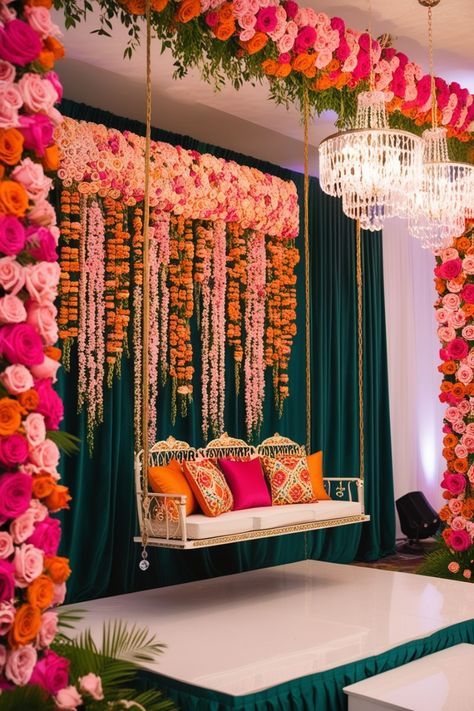 Modern Sangeet Decor, Mehandi Decoration, Pink And Orange Roses, Indian Wedding Mehendi, Country Chic Wedding Decorations, Colorful Cushions, Sangeet Decor, Wedding Mehendi, Pooja Decor