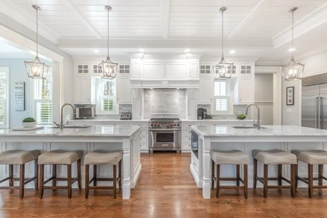 Oversized Kitchen Island Farmhouse With Mismatched Seating, Double Island, Kitchen Large, Kitchen Dinning Room, White Kitchens, House Makeover, Luxurious Home, Beautiful Farm, England Style