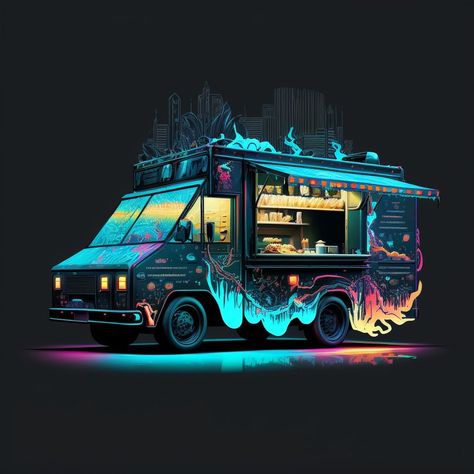 Food Truck Graffiti, Cyberpunk Food Truck, Futuristic Food Truck, Neon Food Truck, Food Truck Concept Art, Cyberpunk Truck, Foodtrucks Ideas Design, Food Truck Design Graphics, Cyberpunk Diorama