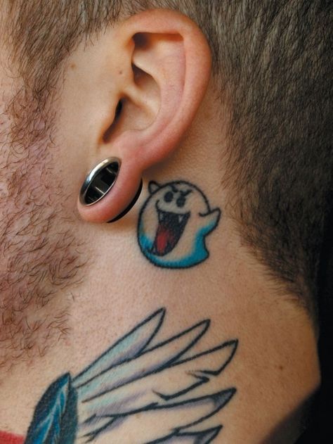 Mario ghost :) Cartoon Ghost Tattoo, Mario Tattoos, Super Mario Tattoo, Nintendo Tattoo, 2024 Tattoo, Video Game Tattoos, Mario Tattoo, Gamer Tattoos, Tattoos Inspo