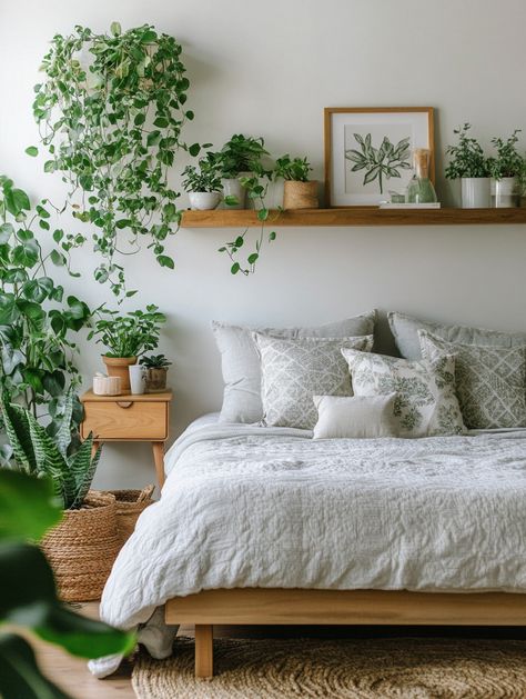 Transform your home bedroom into a peaceful oasis with vibrant greenery! 🛏️💚 Add a touch of nature and elegance with these stylish plant arrangements. Perfect for a serene and cozy ambiance. Explore now and refresh your space today! #HomeBedroomRefresh #InteriorDesign #PlantDecor Sage And Rattan Bedroom, Low Bed Decor Bedroom Ideas, Plant Wall Bedroom, Greenery Bedroom, Bedroom With Plants, Plant Bedroom, Botanical Bedroom, Rattan Bedroom, Dollhouse Makeover