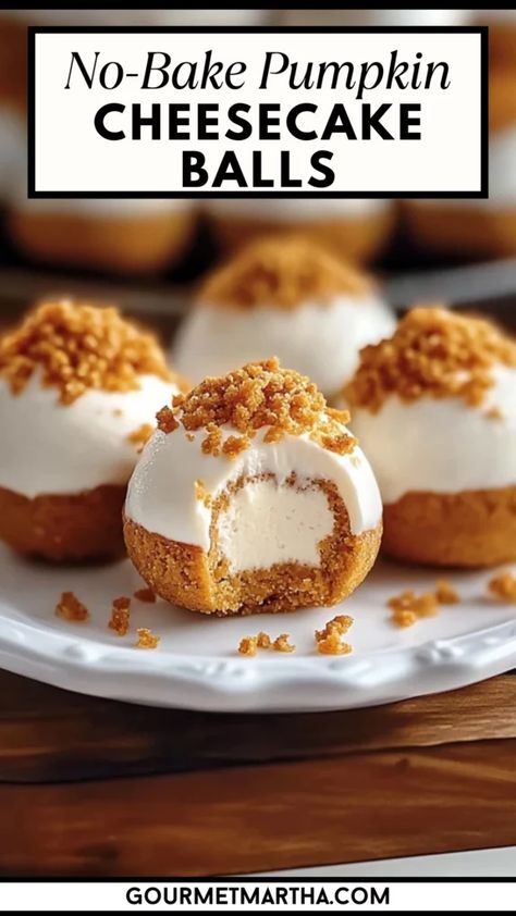 Indulge in the perfect fall treat with these No-Bake Pumpkin Cheesecake Balls! Creamy, spiced pumpkin meets tangy cheesecake in bite-sized delights that are easy to make and even easier to devour. The ultimate no-bake dessert for pumpkin lovers!

#PumpkinCheesecakeBalls #NoBakeDesserts #FallTreats #PumpkinSpice #EasyDessertRecipes #PumpkinLovers #CheesecakeBites Thanksgiving Easy Desserts Simple, Simple Thanksgiving Treats, Pumpkin Balls Cream Cheese, Pumpkin Cream Cheese Recipes, Pumpkin Cheese Balls, Pumpkin Cheesecake Balls, Cream Cheese Balls Recipe, Dessert Cheese Ball, Cheesecake Balls