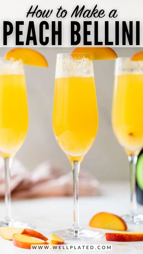 Add some sparkle to your party with a classic peach Bellini! Fizzy, fruity and flavored with peach puree, it's easy to make and always a hit. Bellini Cocktail Recipes, Peach Bellini Recipe, Peach Bellini Cocktail, Red Sangria Recipes, Apple Cider Mimosa, Bellini Cocktail, Bellini Recipe, Lemon Cheesecake Bars, Peach Puree