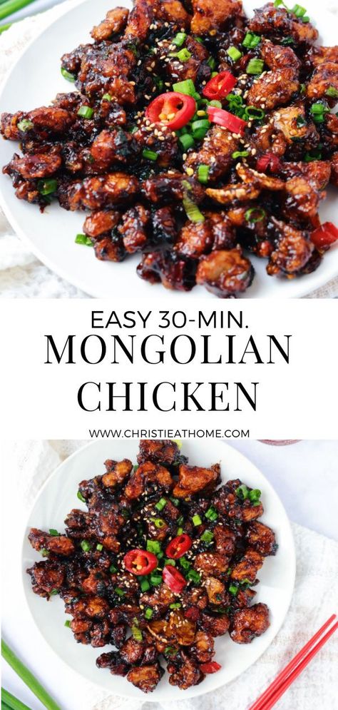 Mongolian Chicken. Crispy fried rice smothered in a sticky sweet ginger hoisin sauce. A delicious dish to make for dinner or lunch that comes together in just 30 minutes or less! #dinner #easydinner #lunch #chicken #chickenrecipe #chickendish #mongolianchicken #asianchicken #asianfood #asianrecipe #quickdinner Recipes With Hoisin Sauce, Crispy Fried Rice, Mongolian Chicken, Lunch Chicken, Asian Chicken Recipes, Asian Dinner Recipes, Chicken Crispy, Asian Dinners, Chicken Entrees