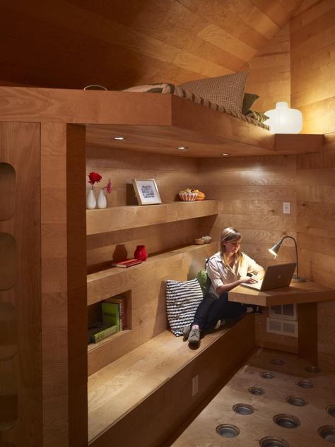 6 Seriously Stylish Loft Beds for Adults: The Pod Home comes with a built-in loft bed. Adult Loft Bed, Loft Beds For Small Rooms, Apartemen Studio, Diy Loft, Beds For Small Rooms, Loft Bed Plans, Loft Style Bedroom, Diy Loft Bed, Loft Interior Design