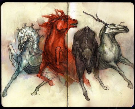 four horses by tobiee on deviantART Horses Of The Apocalypse, Four Horsemen Of The Apocalypse Tattoo, Horseman Of The Apocalypse, Apocalypse Tattoo, Apocalypse Illustration, Four Horsemen Of The Apocalypse, Four Horseman, Four Horses, Apocalypse Art