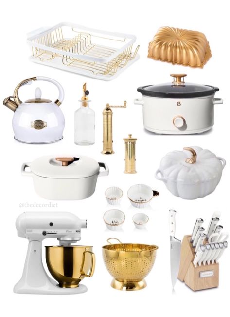 Kitchen White And Gold, Gold Kitchen Appliances, White And Gold Kitchen Ideas, Black White And Gold Kitchen, Modern Gold Kitchen, Gold Kitchen Ideas, White And Gold Kitchen, Gold Kitchen Utensils, Kitchen Ideas Luxury