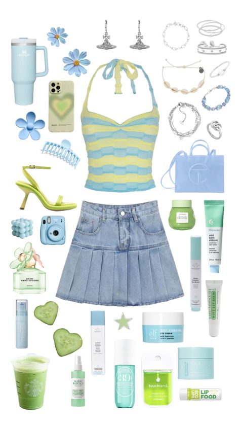 #outfit #outfitinspo #fashion #blue #green Blue Green Outfit Aesthetic, Blue And Green Aesthetic Outfit, Blue And Green Outfit Aesthetic, Beach Gyaru Outfits, Cyan Outfit, Tropical Aesthetic Outfit, Oceancore Outfit, Blue Pastel Outfit, Green Blue Outfit