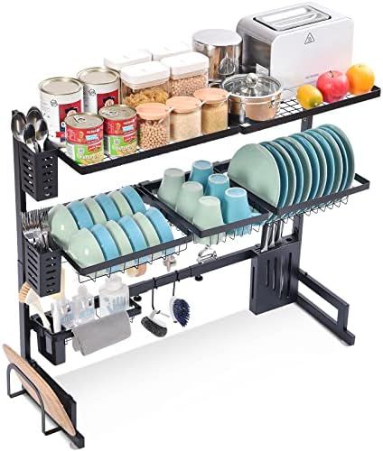 SNTD Over The Sink Dish Drying Rack with Fruit Basket, 2-Tier Kitchen Counter Dish Drainer Rack Adjustable (33.8 to 41.5 inch), Expandable Utensil Holder Caddy Metal Hook, Black : Amazon.co.uk: Home & Kitchen Over Sink Dish Drying Rack, Sink Dish Drying Rack, Organiser Cucina, Stand Shelf, Kitchen Sink Storage, Sink Dish Rack, Dish Drying Rack, Shelf Kitchen, Sink Sizes