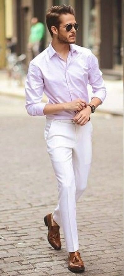 Semi formal, pink shirt, white dress pants + brown shoes www.menswearstyle.co.uk Men Work Outfits, Adam Gallagher, Lavender Shirt, Dear Husband, White Dress Pants, Mens Fashion Work, Mens Wearhouse, Fashion 2014, Pink Long Sleeve Shirt