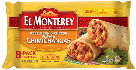 Beef, Bean  Cheese Frozen Chimichangas pack protein into a fresh-baked tortilla and make it easy to grab a hearty meal. Located in the frozen food section. Frozen Chimichanga Casserole, Bean And Cheese Chimichanga, Chimichanga Beef, Chimichanga Recipe, Frozen Bag, Frozen Beef, Hearty Meal, Cheese Flavor, Hearty Meals