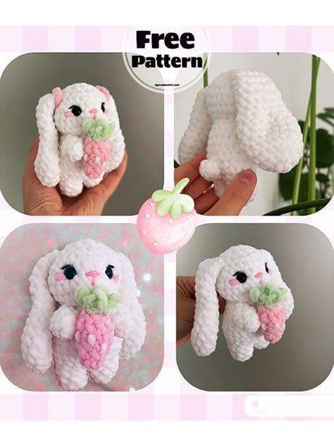 Strawberry Bunny Crochet, Free Valentines Crochet Patterns, Pink Yarn Crochet Ideas, Free Crochet Bunny Pattern, Valentines Crochet Patterns Free, Rabbit Crochet Pattern Free, Free Bunny Crochet Pattern, Amigurumi Valentines Day, Crochet Bunny Pattern Free