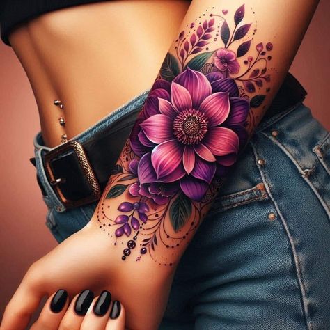 Galaxy Lotus Tattoo, Purple Flower Tattoos For Women, Feminine Tattoos Sleeve Colorful, Lotus Flower Tattoo Designs For Women, Colourful Flower Tattoo, Lotus Hand Tattoo, Coverup Wrist Tattoos For Women, Purple Lotus Tattoo, Harry Potter Tattoo Ideas