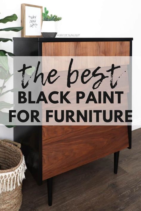 Black Dresser Diy, Dresser Makeover Black, Painting Furniture Black, Black Furniture Paint, Mid Century Modern Dresser Makeover, Best Paint For Furniture, Modern Dresser Makeover, White Kitchen Wood Floors, Paint For Furniture