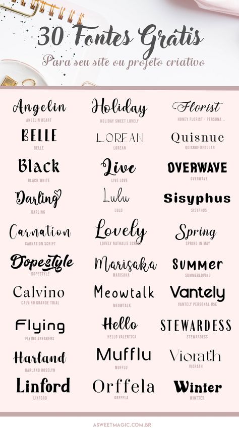 30 Fontes Gratuitas para seu Site ou Projetos criativos! T Shirt Fonts, Sweet Magic, Website Fonts, Instagram Font, Trendy Fonts, Kid Fonts, Stylish Fonts, Creative Fonts, Wedding Fonts