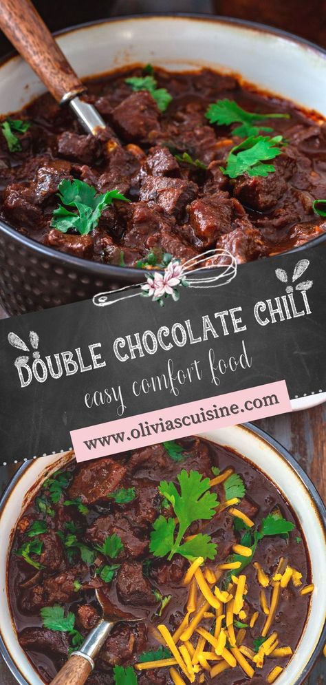 Chili Recipes With Chocolate, Chocolate In Chili, Dark Chocolate Chili Recipe, Dessert Chili Recipe Chocolate, Dessert Chili Recipe, Chili With Chocolate Recipe, Dark Chili Recipe, Unique Chili Recipe Crock Pot, Chili Recipe With Chocolate