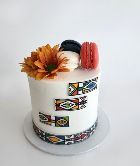 This is a sweet reminder of our shared diversity & the bonds that unite us all. With a striking Ndebele print, adorned by a selection of assorted macarons, velvety vanilla buttercream & fresh flowers (may vary slightly depending on the season). Ndebele Print, Africa Cake, Vanilla Buttercream, Decadent Desserts, Something Beautiful, Fresh Flowers, Pretty Pictures, Boy Birthday, Macarons