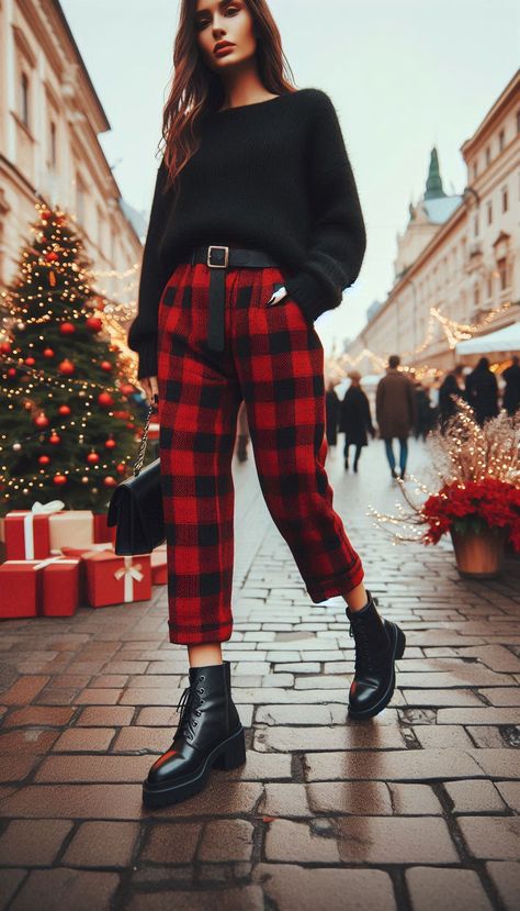 Stay chic and festive in a black sweater paired with red checkered pants. The ultimate outfit for a merry and fashionable holiday! Plaid Pants Outfit Christmas, Black And White Plaid Jacket Outfit, Christmas Jeans Outfit, Plaid Winter Outfit, Edgy Christmas Outfit, Red Plaid Pants Outfit, Christmas Day Outfit Women, Red Checkered Pants, White Pants Outfit Winter