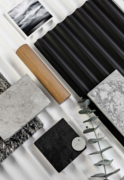 Industrial Material Board, Black And White Mood Board, Ceiling Panelling, Material Swatches, Material Color Palette, Interior Design Materials, Materials Board Interior Design, Mood Board Interior, Black Interior Design