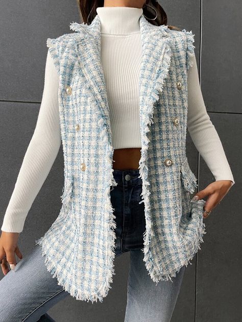 Blue Vest Outfit, Tweed Vest, Women Blazers, Blouse Casual Fashion, Women Suits, Plaid Vest, Women Overcoat, Blue Vests, Vest Outfits