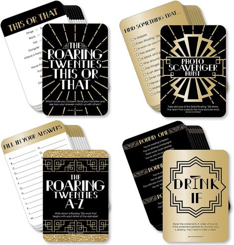 Amazon.com: Big Dot of Happiness Roaring 20’s - 4 1920s Art Deco Jazz Party Games - 10 Cards Each - Gamerific Bundle : Toys & Games Jazz Party, Casino Party Games, 1920s Party, Photo Scavenger Hunt, Roaring 20, Paper Games, Roaring 20's, 1920s Art, Birthday Party Games