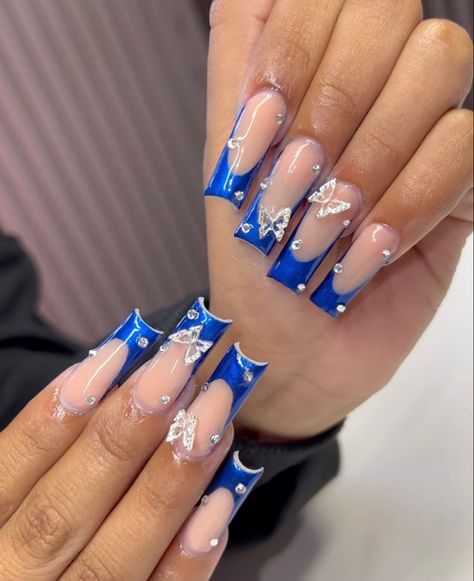 Dark Blue Acrylic Nails With Rhinestones, Unique Blue Nail Designs, Blue Nails For Black Women, Blue French Tip Nails With Gems, Blue Birthday Nails Black Women, Sapphire Blue Acrylic Nails, Latina Nail Designs Blue, Latina Acrylic Nails Blue, Royal Blue Nails Medium Length