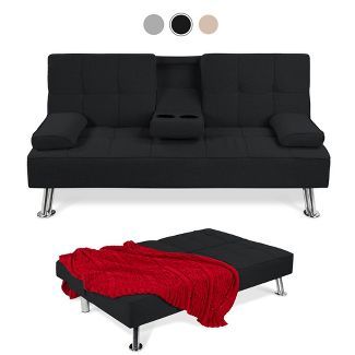 Best Choice Products Modern Linen Convertible Futon Sofa Bed W/ Removable Armrests, Metal Legs, 2 Cupholders : Target Bed For Apartment, Stylish Futon, Apartment Dorm, Folding Sofa Bed, Faux Leather Sofa, Folding Sofa, Sports Event, Futon Sofa Bed, Futon Bed