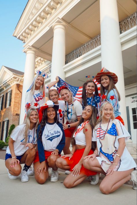 USA day
sorority 
bama
zeta 
zeta tau alpha America Spirit Day, Olympic Theme Outfit, Usa Theme Sorority, Usa Pep Rally Outfits, Spirt Week Usa Day, Usa Homecoming Theme, Rush Week Outfits Sisterhood, America Spirit Day Outfits, Red White And Blue Spirit Day