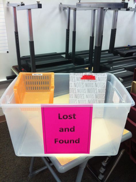 Lost and Found Box for your classroom. Small basket for pencils and small items. Clipboard attached for lost papers to attach to and a big bin for larger items. It's an all in one lost and found container. Lost And Found Box Ideas For School, Lost And Found Ideas For School, Under Chair Basket Storage Classroom, Classroom Lost And Found, Photo Box Storage Ideas Classroom, Teacher Turn In Bins, Classroom Money Storage, Raini Rodriguez, Teachers Lounge