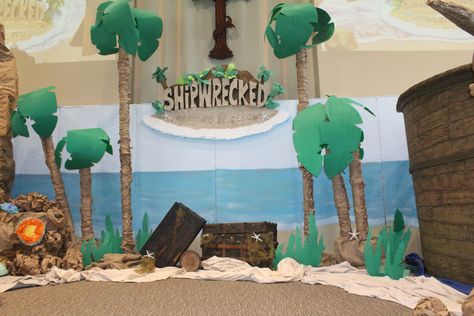 Our Shipwrecked VBS Stage Thunder Island Vbs, Vbs Shipwrecked, Shipwrecked Vbs, Shipwreck Island, Vbs Craft, Vbs Themes, Stage Props, Vbs Ideas, Vbs Crafts