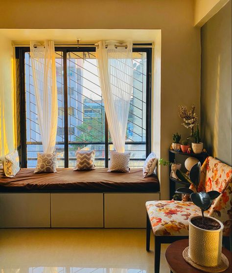 Window Seat Sofa, 1rk Interior Design, Window Sitting Ideas Indian, Window Sitting Ideas, Window Design Indian, Indian Window Design, Home Study Design, Indian Window, Window Bay