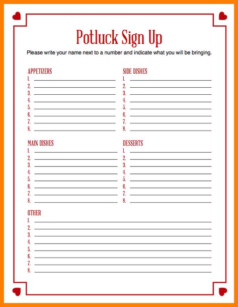 Potluck Sign Up Sheet	 - FREE DOWNLOAD Potluck List Template, Sheet Dinner, Potluck Sign Up Sheet, Friendsgiving Potluck, Work Potluck, Christmas Potluck, Food Sides, Thanksgiving Potluck, Sign Up Sheets