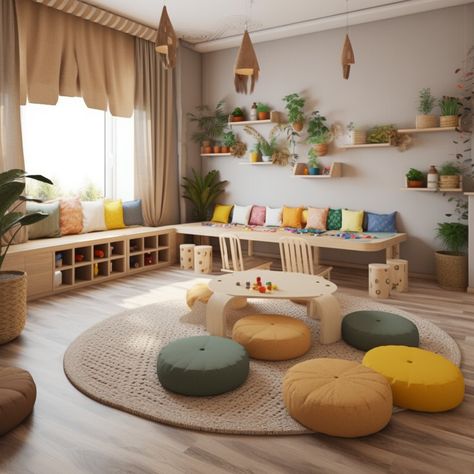 Kindergarten Reading Nook, Montessori Inspired Classroom, Montessori Spaces At Home, Holistic Design Interior, Japanese Playroom, Kindergarten Classroom Design Ideas, Playroom Plants, Baby Play Area In Living Room, Child Friendly Living Room