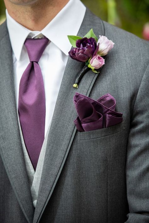 Cook Shack, Purple Groomsmen, Deep Purple Wedding, Purple Boutonniere, Light Purple Wedding, Dark Purple Wedding, Lavender Wedding Theme, Tangled Wedding, Purple And Green Wedding