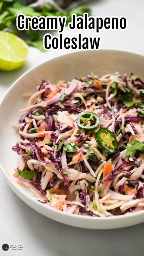 Jalapeno Coleslaw is creamy, crunchy, tangy, and a bit spicy, and it’s the perfect salad to pair with burgers, seafood, steaks, and more! Jalapeño Cole Slaw, Spicy Coleslaw Dressing, Jalapeno Coleslaw Recipes, Jalapeño Coleslaw, Spicy Slaw, Healthy Coleslaw Recipes, Chicken Cranberry, Spicy Coleslaw, Asian Chicken Salad