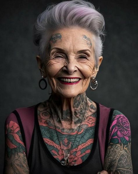 Rocker Tattoos For Women, Old Women With Tattoos, Woman With Tattoos, Silver Haired Beauties, Woman Aesthetic, Old Tattoos, Aesthetic Tattoo, Ageless Beauty, Trendy Short Hair Styles