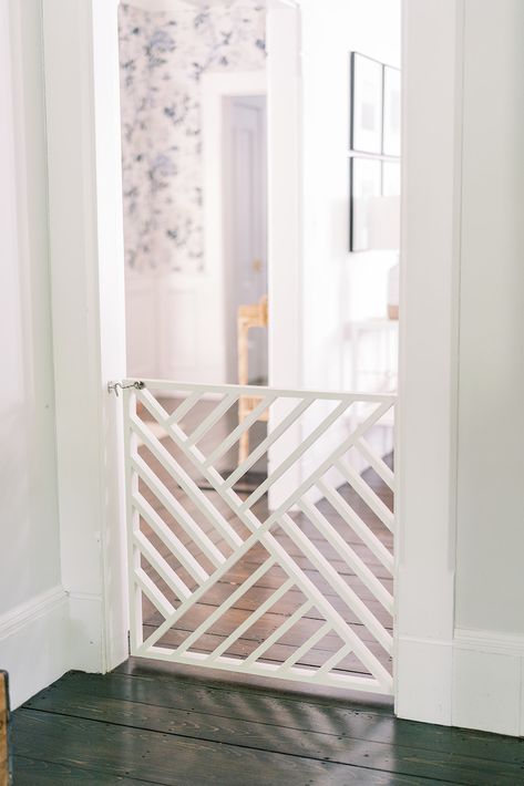 A Pretty DIY Baby Gate - Finding Lovely Plastic Baby Gate, Indoor Gates, Diy Dog Gate, Baby Gate For Stairs, Diy Baby Gate, Hallway Makeover, Saved Money, Stair Gate, Baby Gate