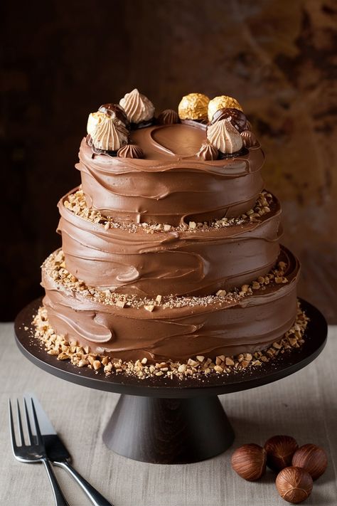 Hazelnut Heaven: Luxurious Nutella Layered Birthday Cake Aesthetic Layered Birthday Cake, Birthday Cake Aesthetic, Nutella Frosting, Cake Aesthetic, Swirl Pattern, Themed Cakes, Hazelnut, Nutella, Frosting