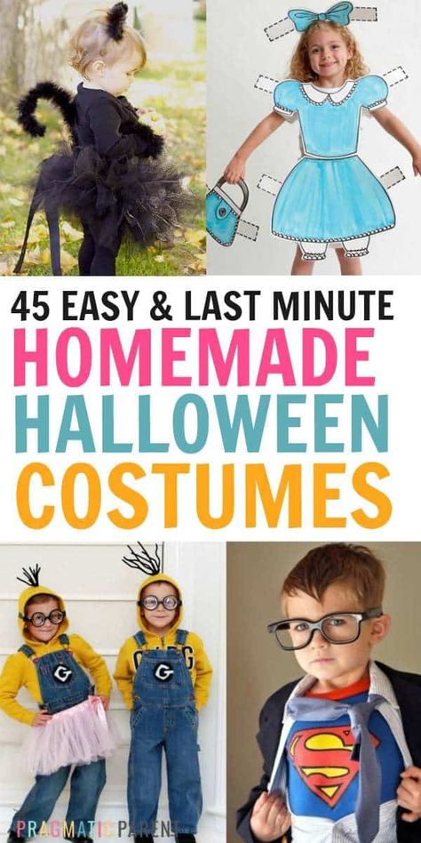 45 easy homemade halloween costumes you can make at home, most without sewing or spending money. Easy halloween costumes your kids will love and you'll love to show off. #easyhalloweencostumes #easyhomemadehalloweencostumes #halloweencostumes #lastminutehalloweencostumes Halloween Costumes Homemade, Costumes You Can Make At Home, Baby Halloween Costume Ideas, Costumes Homemade, Easy Homemade Halloween Costumes, Halloween Costumes Kids Homemade, Halloween Costumes You Can Make, Childrens Halloween Costumes, Baby Halloween Costume