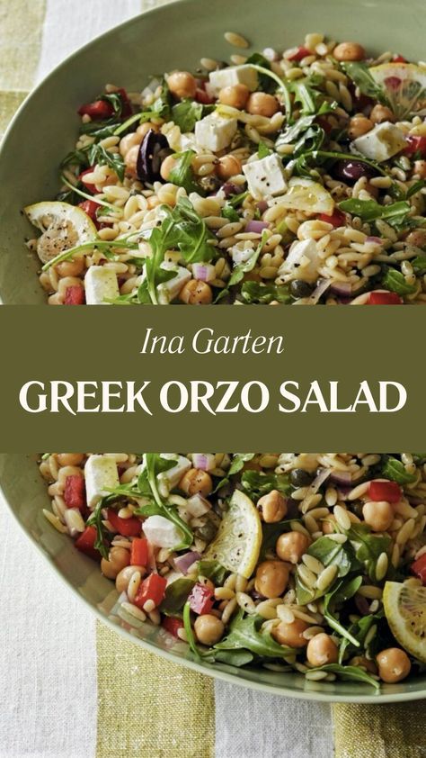 Ina Garten Greek Orzo Salad Orzo Salad With Chickpeas, Orzo And Arugula, Ina Garten Greek Orzo Salad, Greek Orzo Salad Recipes, Arugula Orzo Salad, Ina Garten Salad Recipes, Orzo Vegetarian Recipes, Greek Orzo Recipes, Kalamata Olive Recipes