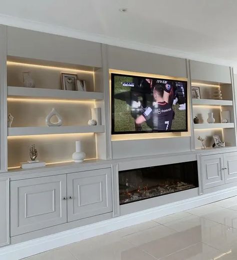 30+ TV Media Wall Ideas That Are Both Functional and Stylish - HubPages Diy Media Wall, Wall Units With Fireplace, Media Wall Unit, Ikea Hallway, Feature Wall Living Room, Built In Shelves Living Room, Living Room Wall Units, Living Room Built Ins, Colour Hallway