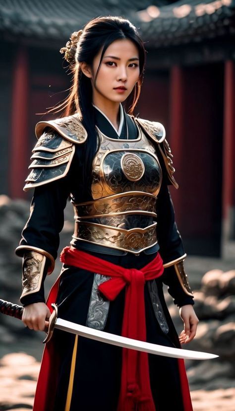 Japanese Warrior Woman, Chinese Female Warrior, Asian Armor, Samurai Woman, Asian Warrior, Kapten Marvel, Female Samurai, Chinese Warrior, Armor Clothing