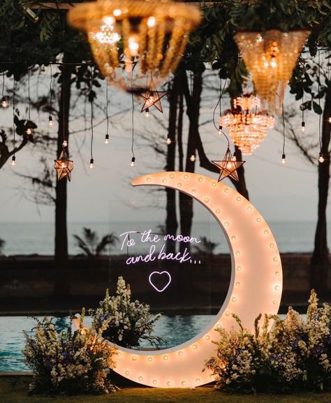 Celestial Wedding Theme, Starry Wedding, Starry Night Wedding, Romantic Backdrop, Moon Wedding, Celestial Wedding, Bali Wedding, Wedding Chicks, To The Moon And Back