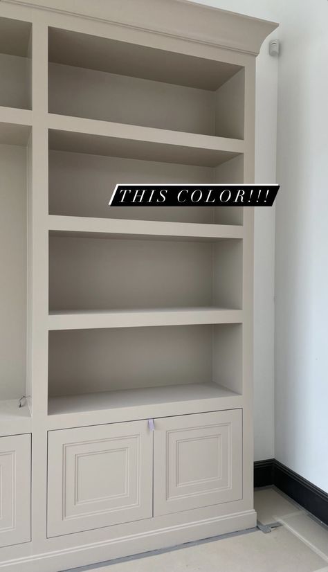 Neutral Built Ins, Beige Bookshelf, Built In Shelf Colors, Tan Built Ins, Cream Built Ins, Mushroom Color Built Ins, Greige Built Ins Living Room, Taupe Built Ins Living Room, Built In Paint Colors