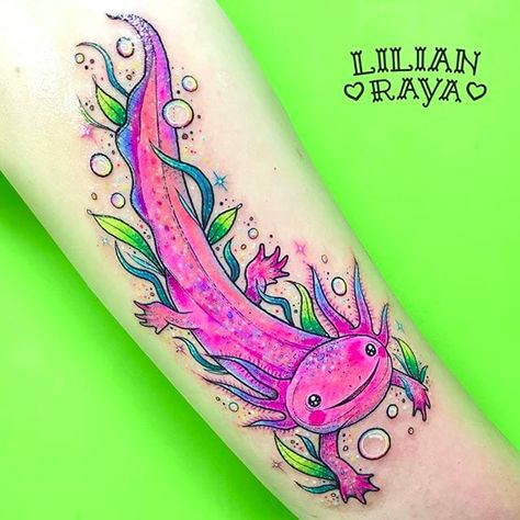 Axolotl Tattoo, Phoenix Tattoo Feminine, Nice Tattoos, Bright Tattoos, Embroidery Tattoo, Kawaii Tattoo, Tatuaje A Color, Tattoed Girls, Badass Tattoos