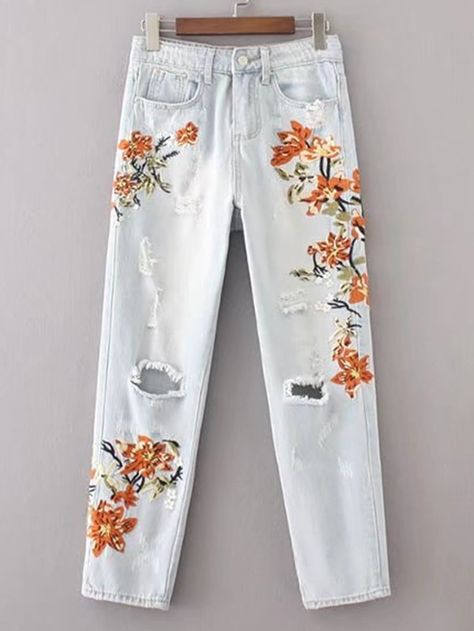 Shop Flower Embroidery Ripped Detail Jeans online. SheIn offers Flower Embroidery Ripped Detail Jeans & more to fit your fashionable needs. Flower Clothes, Flower Embroidered Jeans, Jean Diy, Jeans Embroidery, Jeans Embellished, Painted Clothes Diy, Shein Clothing, Flower Jeans, Diy Jeans