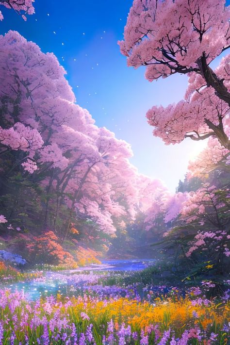 Spring Poster, Cherry Blossom Wallpaper, Cherry Blossom Trees, Pastel Landscape, Dreamy Landscapes, Pretty Landscapes, Fantasy Pictures, Cherry Blossom Tree, Digital Backgrounds